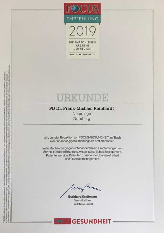 focus-aerzteliste-2019_opt PD. Dr. med. Frank-Michael Reinhardt (Facharzt Neurologie) führt zusammen mit Dr. Roland Gerlach (Facharzt Neurologe und Innere Medizin) erfolgreich die Privatpraxis Neuropuls Ärztepartnerschaft in der Metropolregion Nürnberg/ Fürth/ Erlangen. Ab sofort ist er nun auch in die FOCUS Ärzteliste aufgenommen, darauf sind beide sehr stolz.